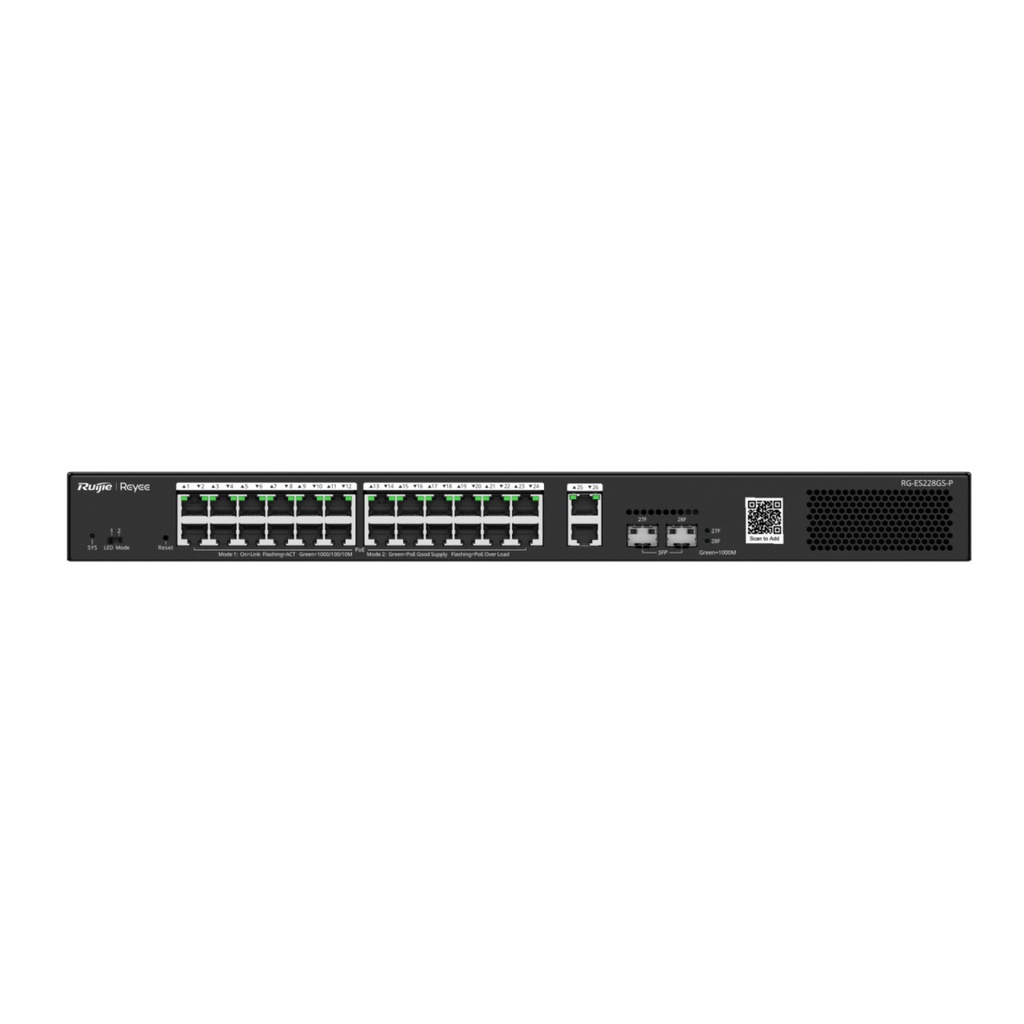 Ruijie RG-ES228GS-P 28-Port Gigabit Smart Cloud-Managed PoE Switch, 24 x PoE+ 370W, 2 x SFP, Rackmount