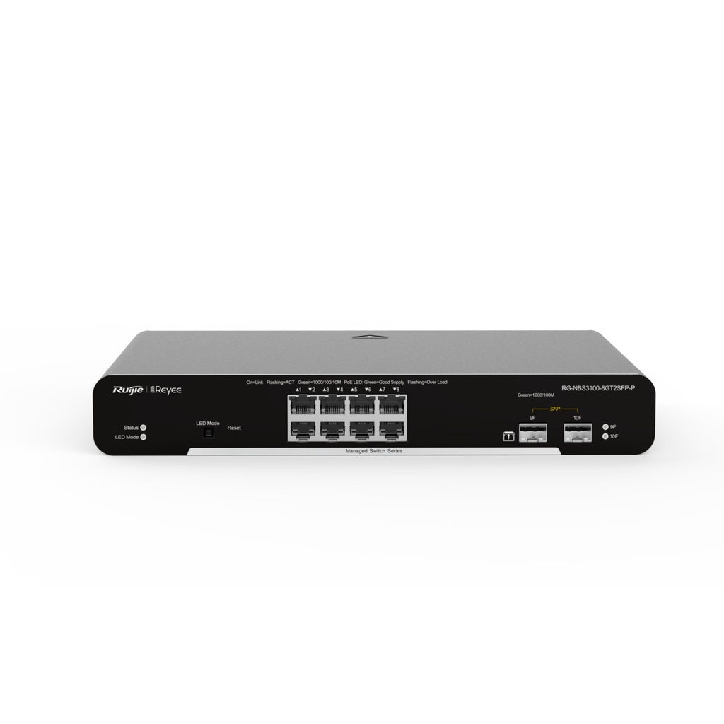 Ruijie RG-NBS3100-8GT2SFP-P-V2 10-Port Gigabit Layer 2 Cloud Managed PoE+ Switch, 8 x PoE+ RJ45, 2 x SFP, 125W, Fanless