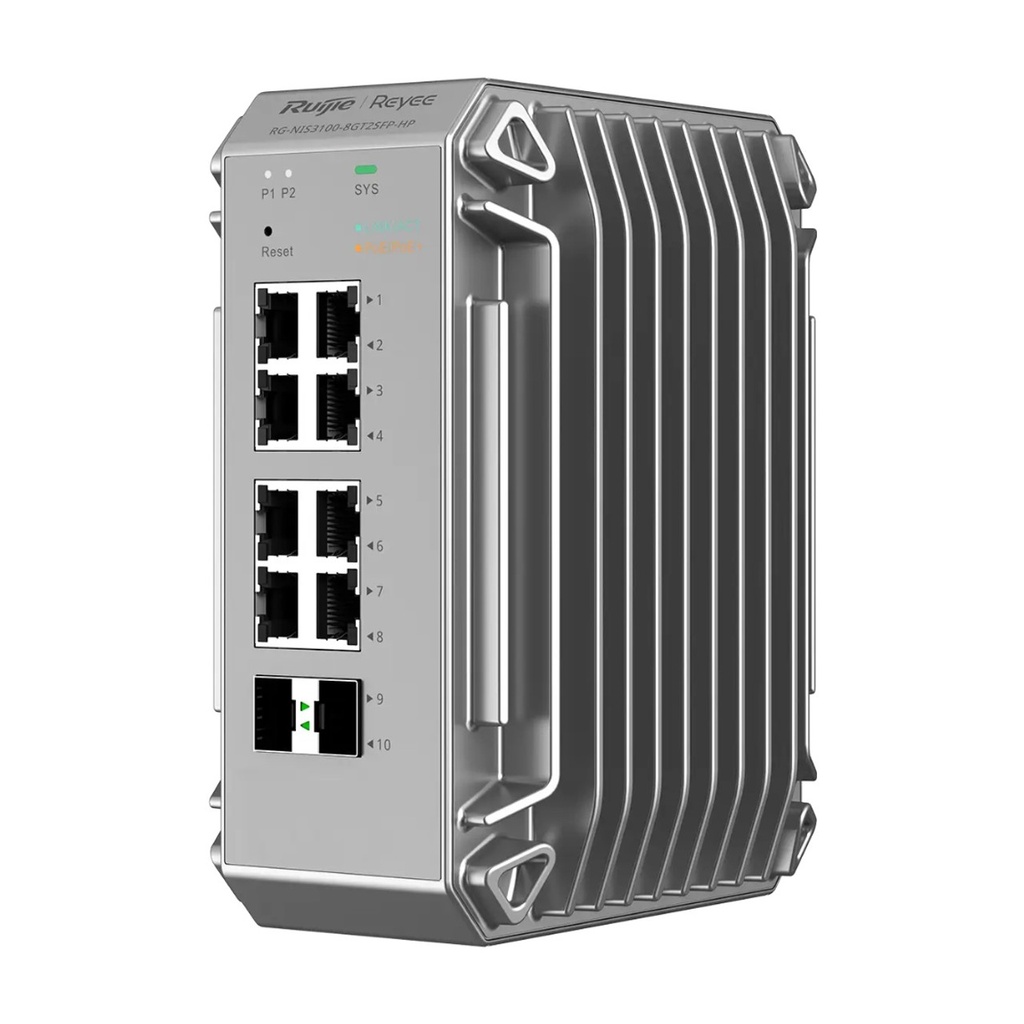 Ruijie RG-NIS2100-8GT2SFP-HP 10-Port Cloud Managed Industrial PoE Switch, 1 x PoE++ and 7 x PoE+, 2 x SFP, DIN Rail