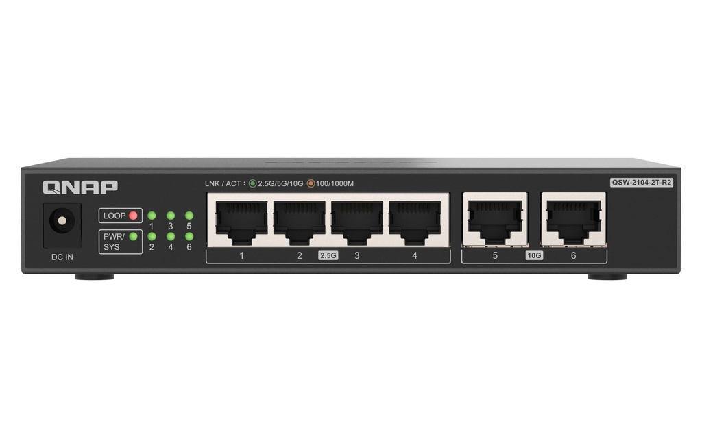 QNAP QSW-2104-2T-R2 6-Port Unmanaged Switch, 2 x 10GbE and 4 x 2.5GbE RJ45, Fanless