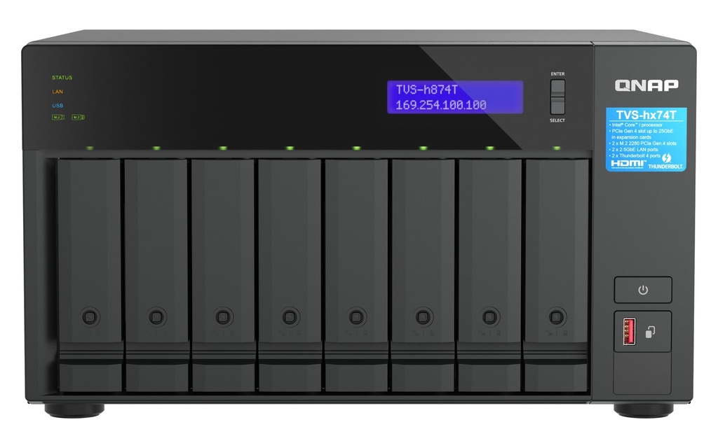 QNAP TVS-H874T-I7-32G 8-Bay Thunderbolt 4 NAS, Core i7 12-Core, 32GB DDR4, 2 x 2.5GbE, 2 x M.2 Gen4, QuTS hero