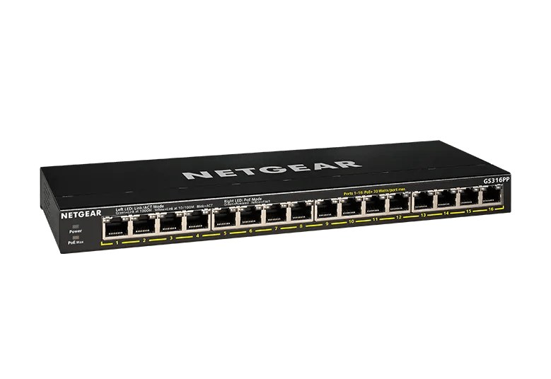 Netgear GS316PP 16-Port Gigabit PoE+ Unmanaged Essentials Switch, 183W PoE Budget, Fanless