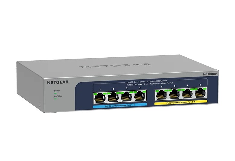 Netgear MS108UP 8-Port Multi-Gigabit 2.5G Ultra60 PoE++ Unmanaged Switch, 230W PoE Budget, Fanless