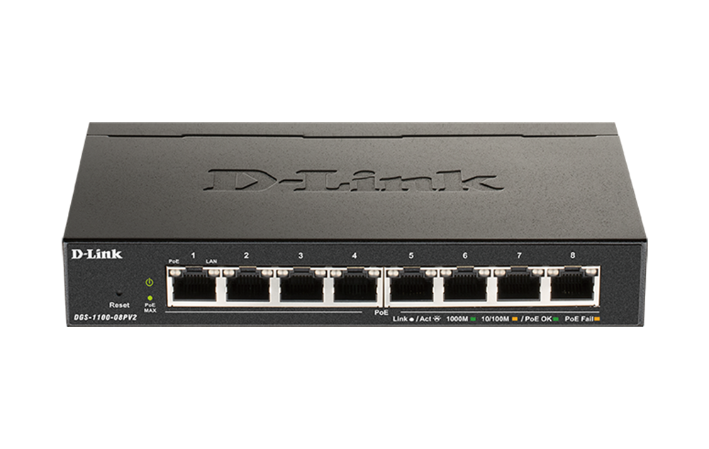 D-Link DGS-1100-08PV2 8-Port Gigabit Smart Managed PoE Switch with 8 PoE ports (64W PoE budget)