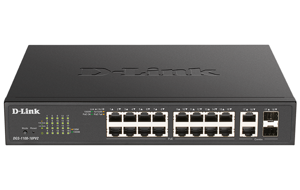 D-Link DGS-1100-18PV2 18-Port Gigabit Smart Managed PoE Switch with 16 PoE and 2 Combo RJ45/SFP ports (130W PoE budget)