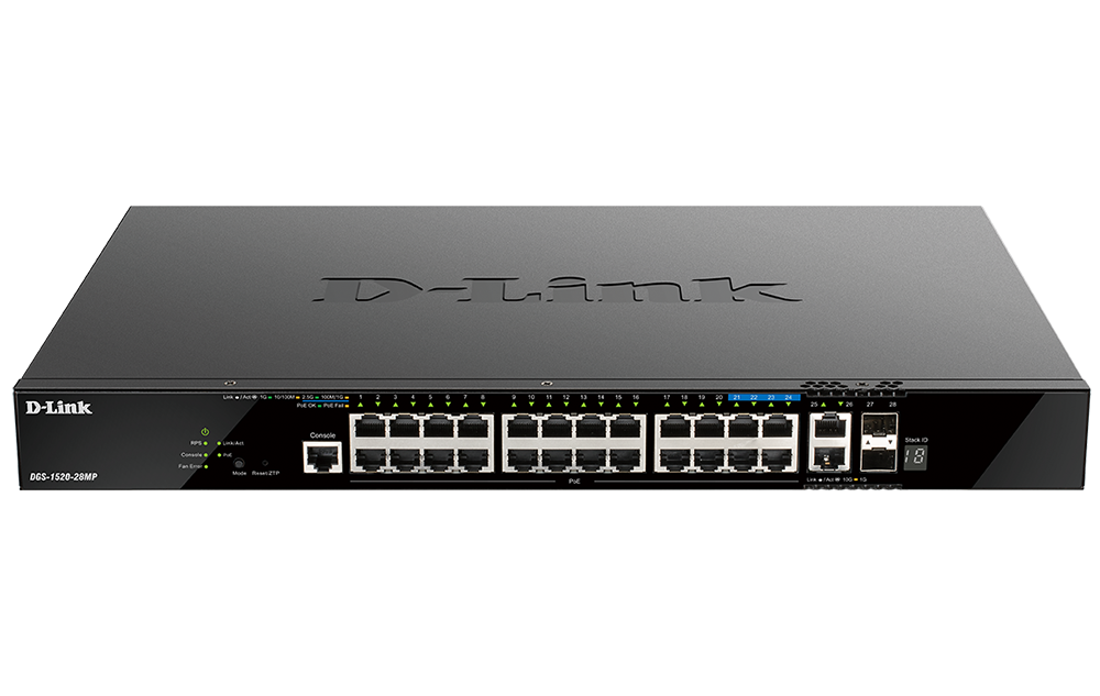 D-Link DGS-1520-28MP 28-Port Gigabit Smart Managed Stackable PoE+ Layer 3 Switch with 20 PoE+ 1000Base-T, 4 PoE+ 2.5GBase-T and 4 10Gb Ports