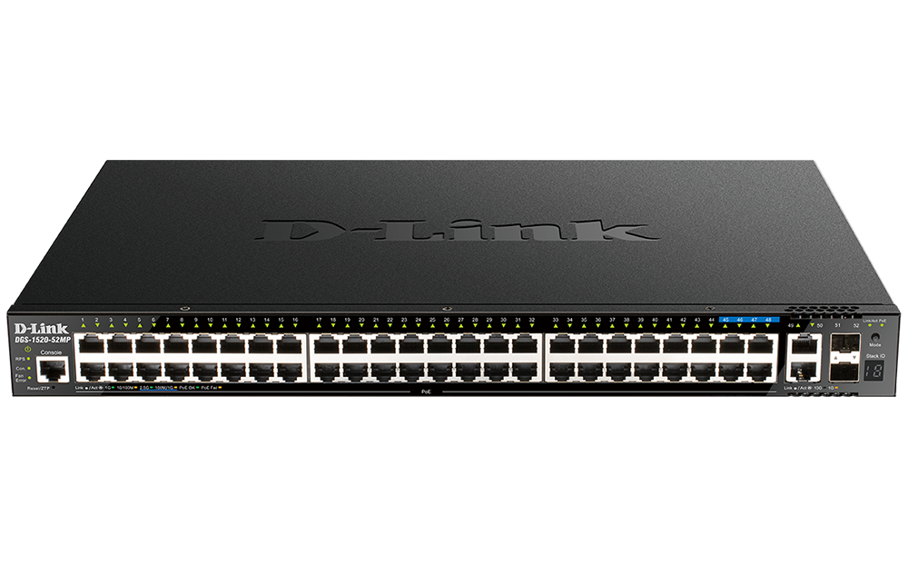 D-Link DGS-1520-52MP 52-Port Gigabit Smart Managed Stackable PoE+ Layer 3 Switch with 44 PoE+ 1000Base-T, 4 PoE+ 2.5GBase-T and 4 10Gb Ports