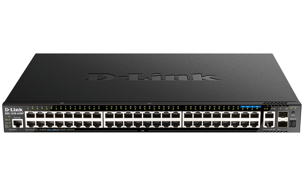 D-Link DGS-1520-52MP 52-Port Gigabit Smart Managed Stackable PoE+ Layer 3 Switch with 44 PoE+ 1000Base-T, 4 PoE+ 2.5GBase-T and 4 10Gb Ports