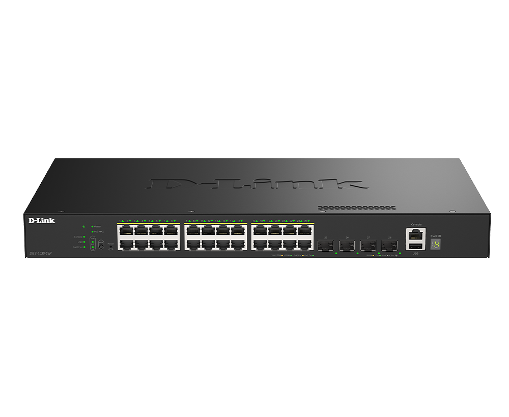 D-Link DGS-1530-28P 28-Port Gigabit Smart Managed Stackable PoE+ Switch with 24 PoE+ 1000Base-T and 4 SFP+ Ports