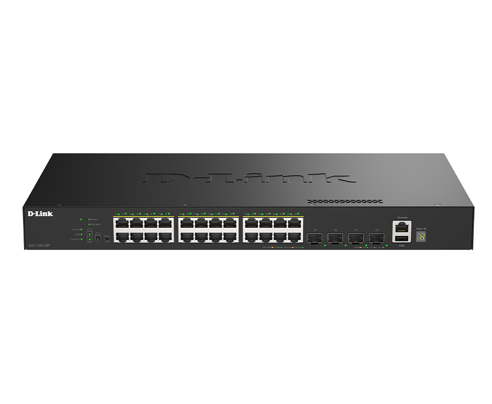 D-Link DGS-1530-28P 28-Port Gigabit Smart Managed Stackable PoE+ Switch with 24 PoE+ 1000Base-T and 4 SFP+ Ports