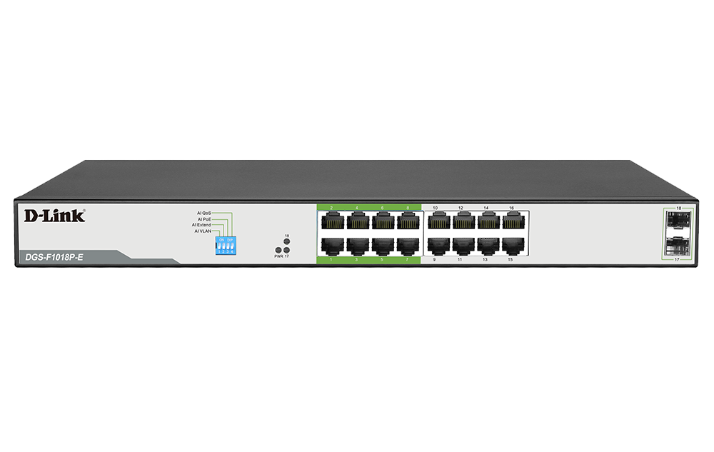 D-Link DGS-F1018P-E 18-Port Gigabit PoE Switch with 16 PoE+ Ports (8 Long Reach 250m) and 2 SFP Uplinks