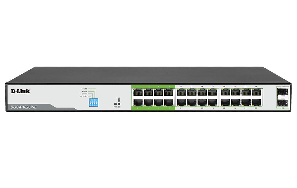 D-Link DGS-F1026P-E 26-Port Gigabit PoE Switch with 24 PoE+ Ports (8 Long Reach 250m) and 2 SFP Uplinks
