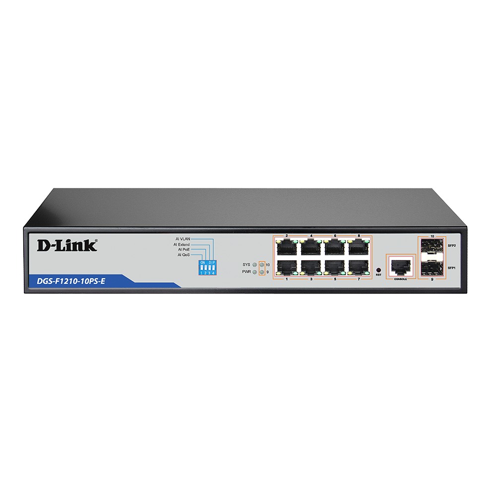 D-Link DGS-F1210-10PS-E 10-Port Gigabit Smart Managed PoE+ Switch with 8 Long Reach PoE Ports and 2 SFP Ports