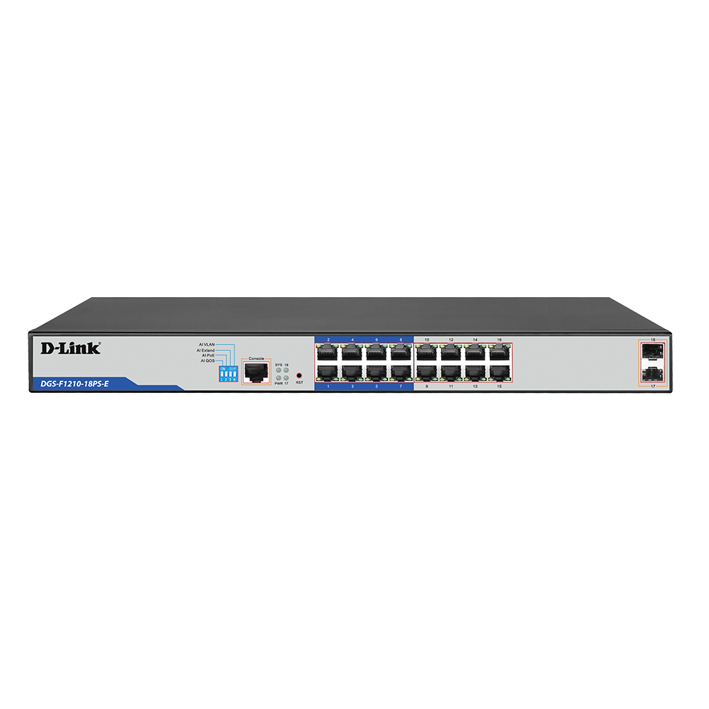 D-Link DGS-F1210-18PS-E 18-Port Gigabit Smart Managed PoE+ Switch with 16 PoE+ Ports (8 Long Reach 250m)