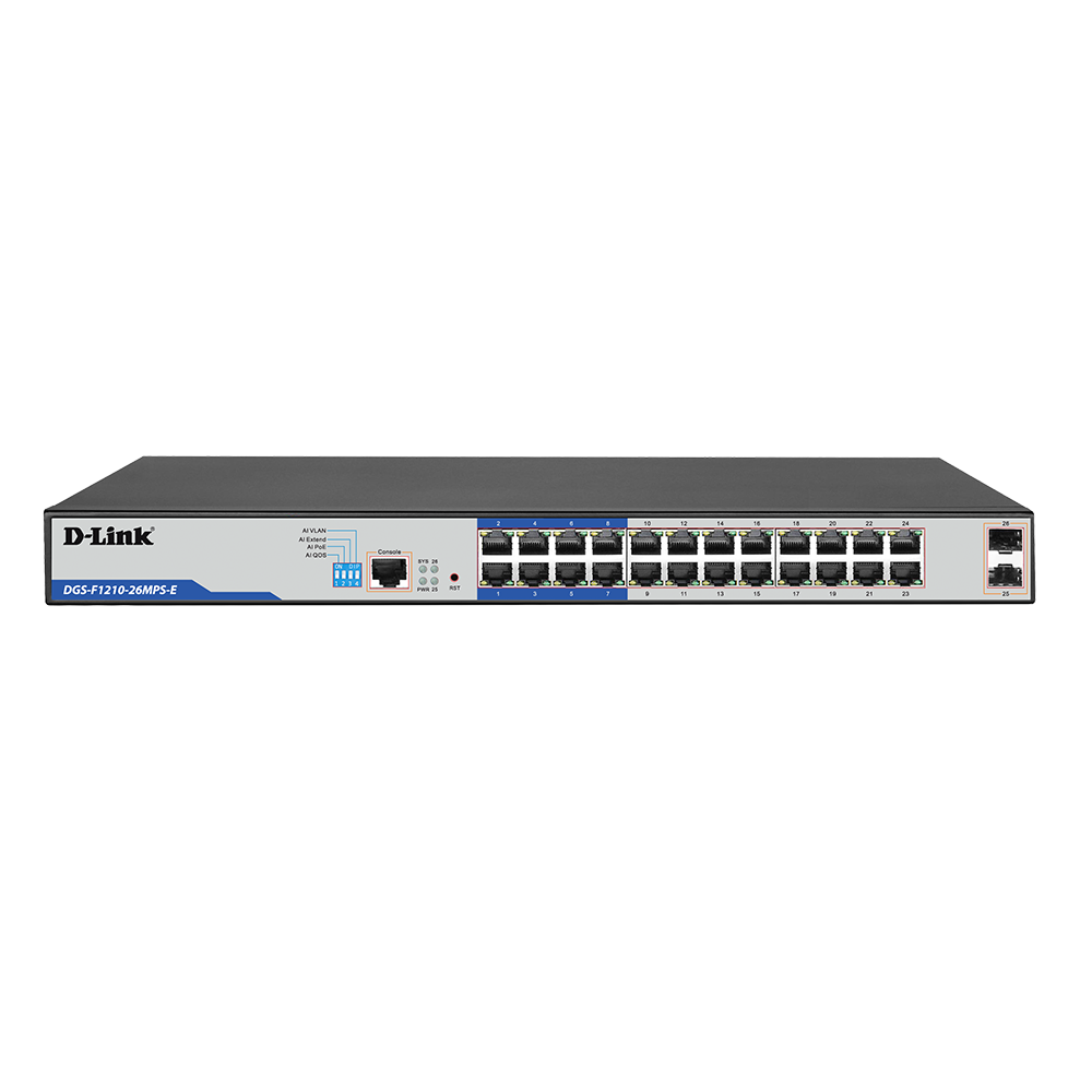 D-Link DGS-F1210-26MPS-E 26-Port Gigabit Smart Managed PoE+ Switch with 24 PoE+ Ports (8 Long Reach 250m) and 2 SFP Ports