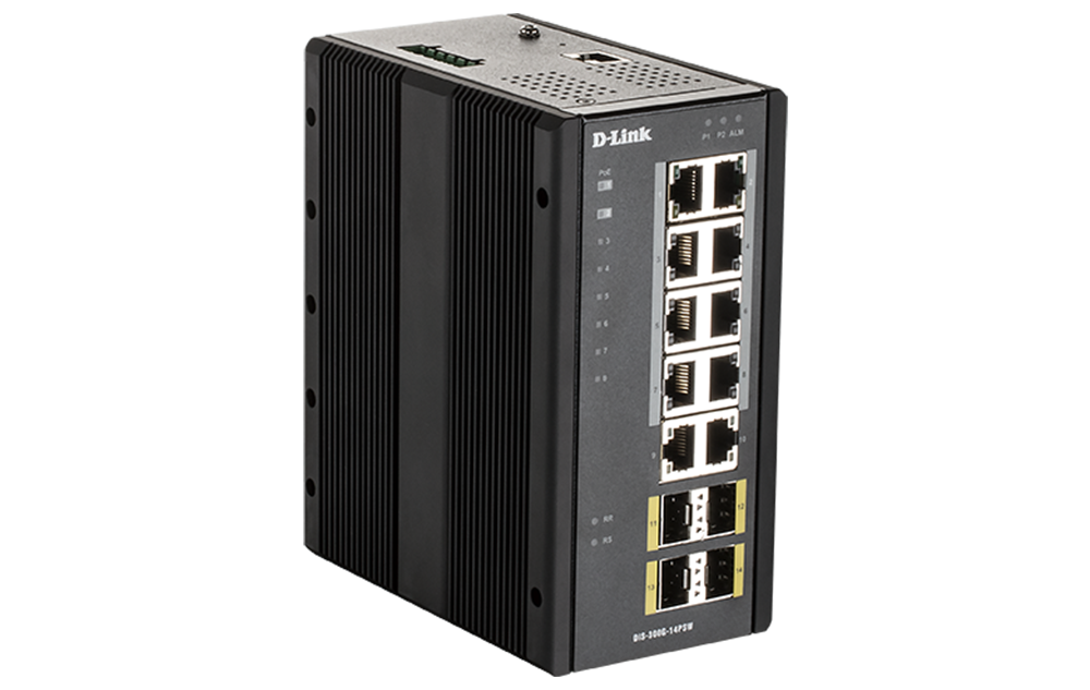 D-Link DIS-300G-14PSW 14-Port Gigabit Industrial Managed PoE Switch with 10 1000BASE-T (8 PoE+) ports and 4 SFP ports