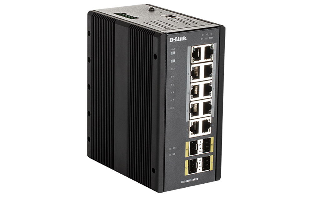 D-Link DIS-300G-14PSW 14-Port Gigabit Industrial Managed PoE Switch with 10 1000BASE-T (8 PoE+) ports and 4 SFP ports