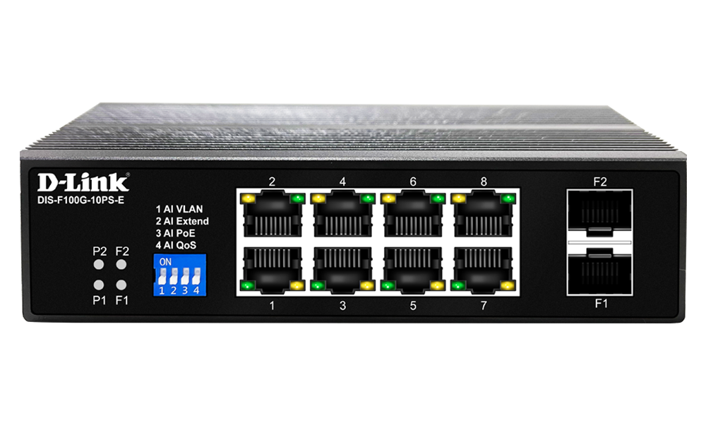 D-Link DIS-F100G-10PS-E 10-Port Gigabit Industrial PoE+ Switch with 8 PoE ports and 2 SFP ports