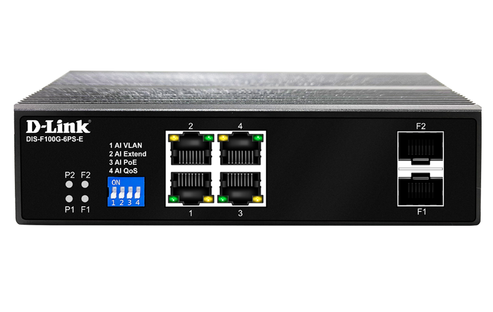 D-Link DIS-F100G-6PS-E 6-Port Gigabit Industrial PoE+ Switch with 4 PoE ports and 2 SFP ports