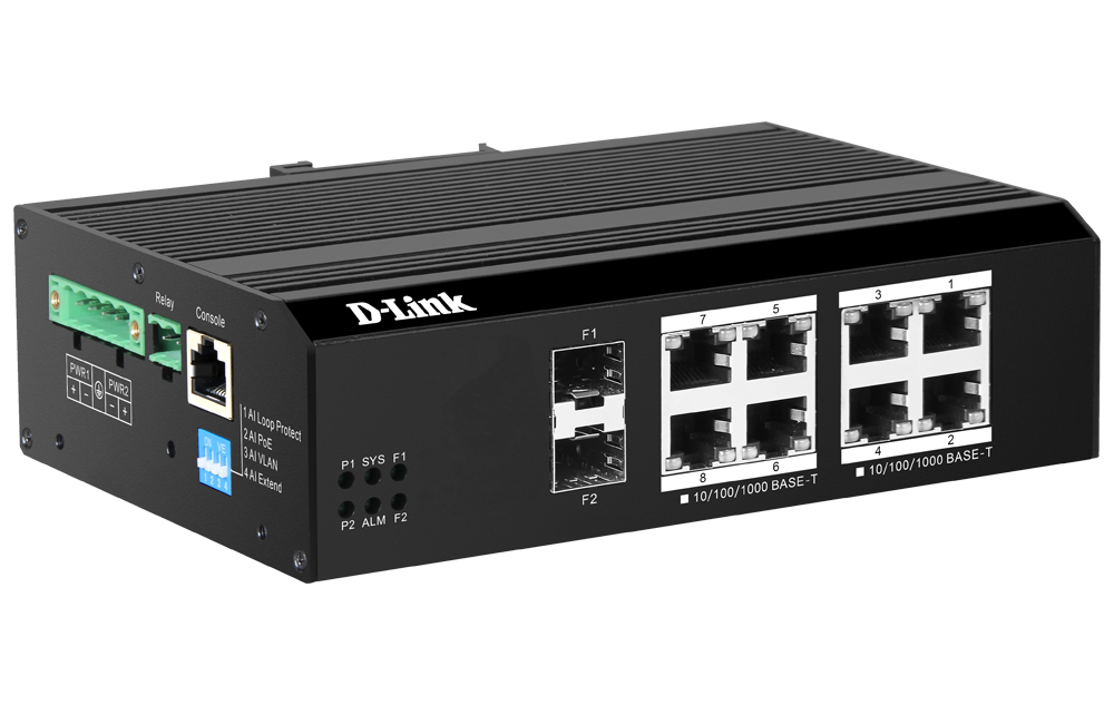 D-Link DIS-F200G-10PS-E 10-Port Gigabit Industrial Smart Managed PoE+ Switch with 8 PoE ports and 2 SFP ports