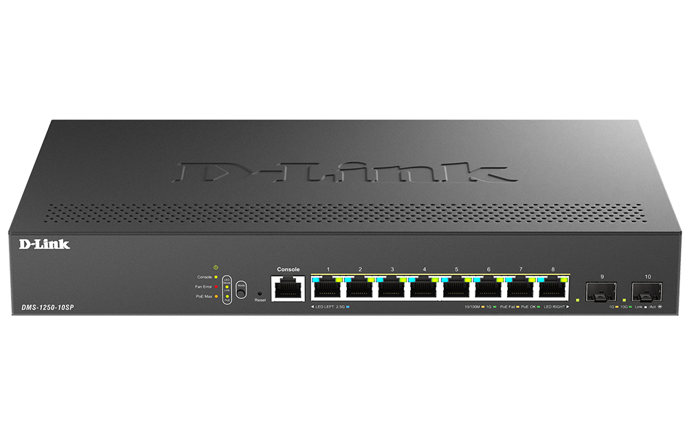 D-Link DMS-1250-10SP 10-Port Multi-Gigabit Smart Managed PoE+ Switch with 8 2.5G PoE+ ports and 2 10G SFP+ ports