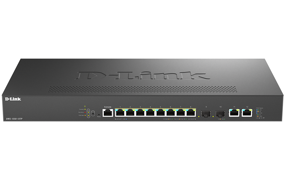 D-Link DMS-1250-12TP 12-Port Multi-Gigabit Smart Managed PoE+ Switch with 8 2.5G PoE+ ports, 2 10GBASE-T and 2 10G SFP+ ports