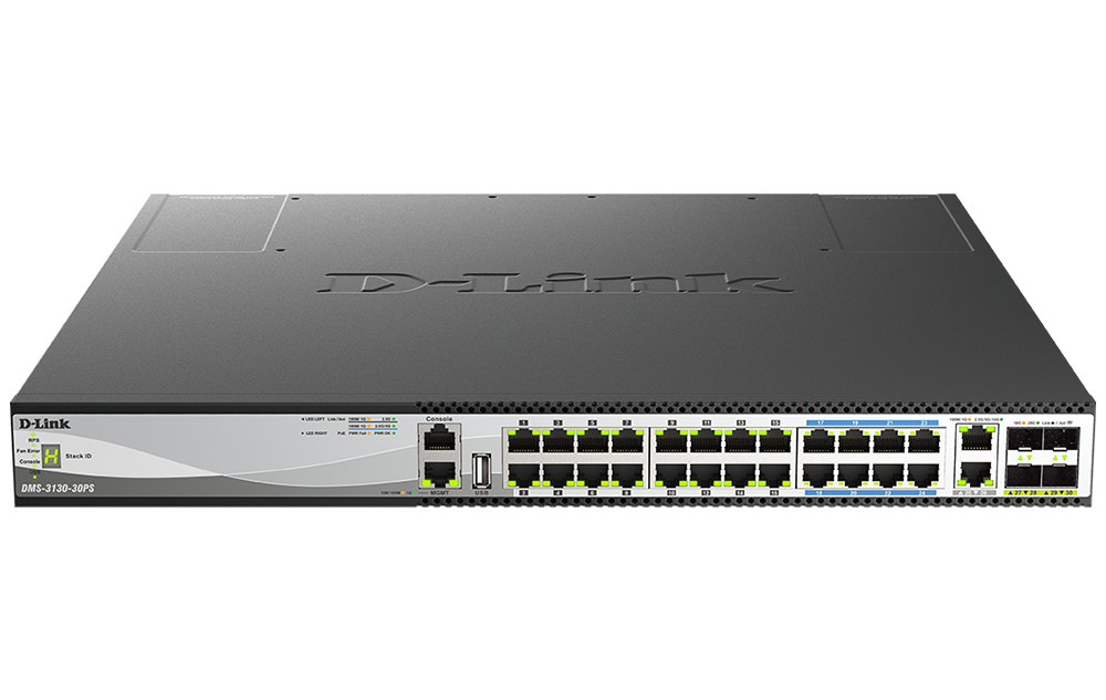 D-Link DMS-3130-30PS 30-Port Stackable Multi-Gigabit PoE++ Layer 3 Switch with 16 2.5G PoE+ ports, 8 5G PoE++ ports, 2 10GBASE-T and 4 25G SFP28 ports