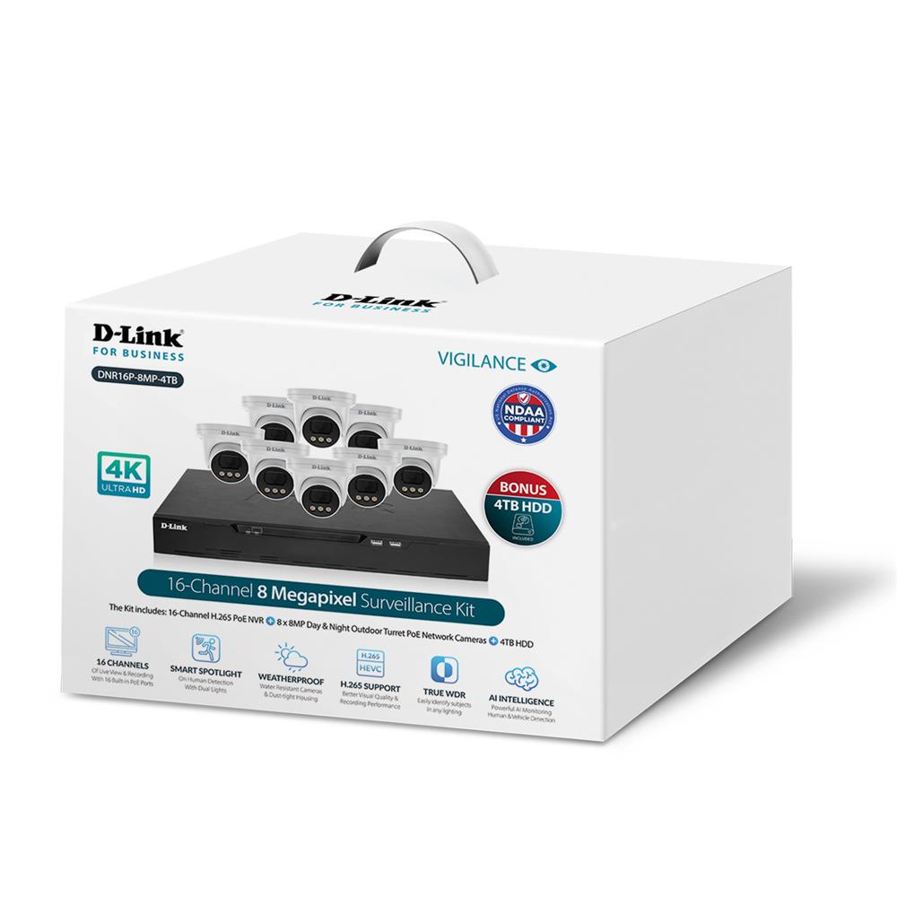 D-Link DNR16P-8MP-4TB Vigilance Surveillance Kit with 16CH NVR and Eight 8MP Turret Cameras (4TB HDD included)