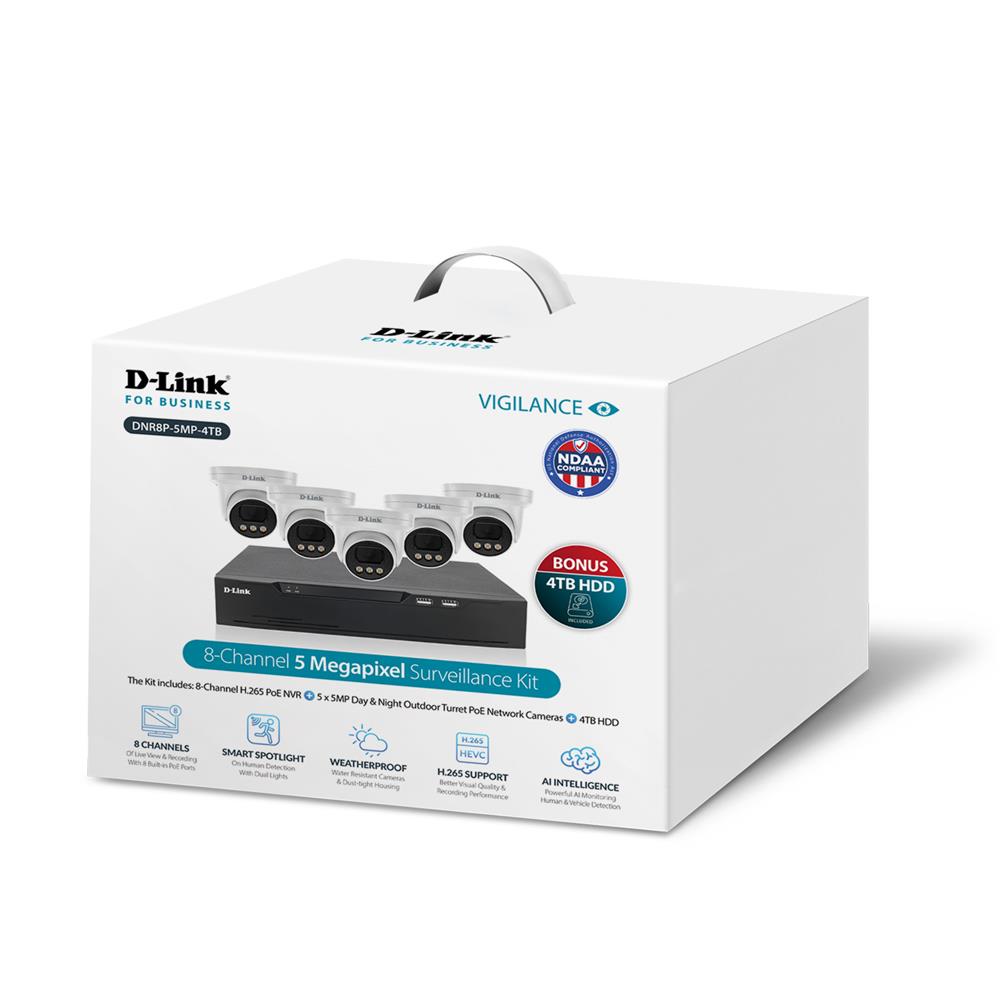 D-Link DNR8P-5MP-4TB Vigilance Surveillance Kit with 8CH NVR and Five 5MP Turret Cameras (4TB HDD included)