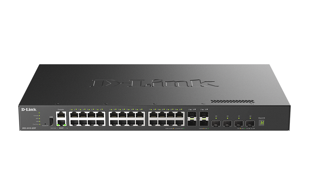 D-Link DXS-3410-32XY 32-Port 10 Gigabit Layer 3 Stackable Managed Switch with 24 Multi-Gigabit 10GBASE-T Ports, 4 10Gb SFP+ and 4 10/25Gb SFP28 Ports