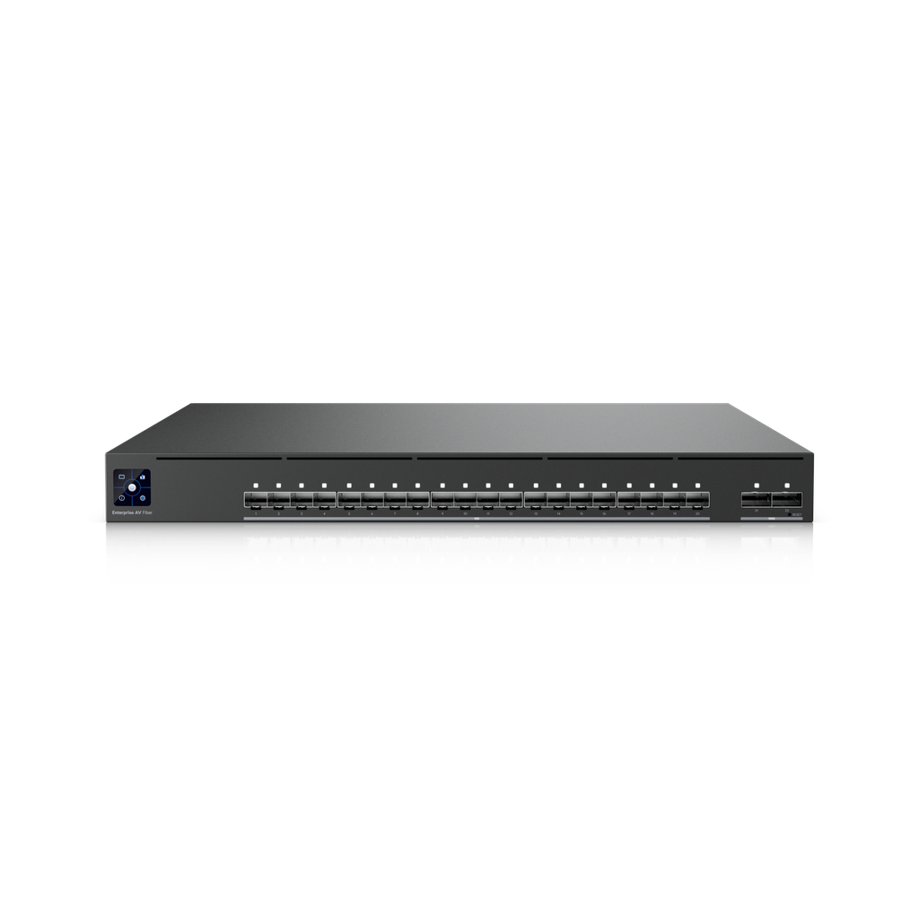 Ubiquiti UniFi EAV-Fiber — Enterprise Audio/Video 1U Aggregation Switch with 20 × 10G SFP+ and 2 × 100G QSFP28, 800 Gbps Switching, PTP / SMPTE ST 2110 / SDVoE / AES67 Timing Engine, OCXO Clock + GPS Grandmaster Input