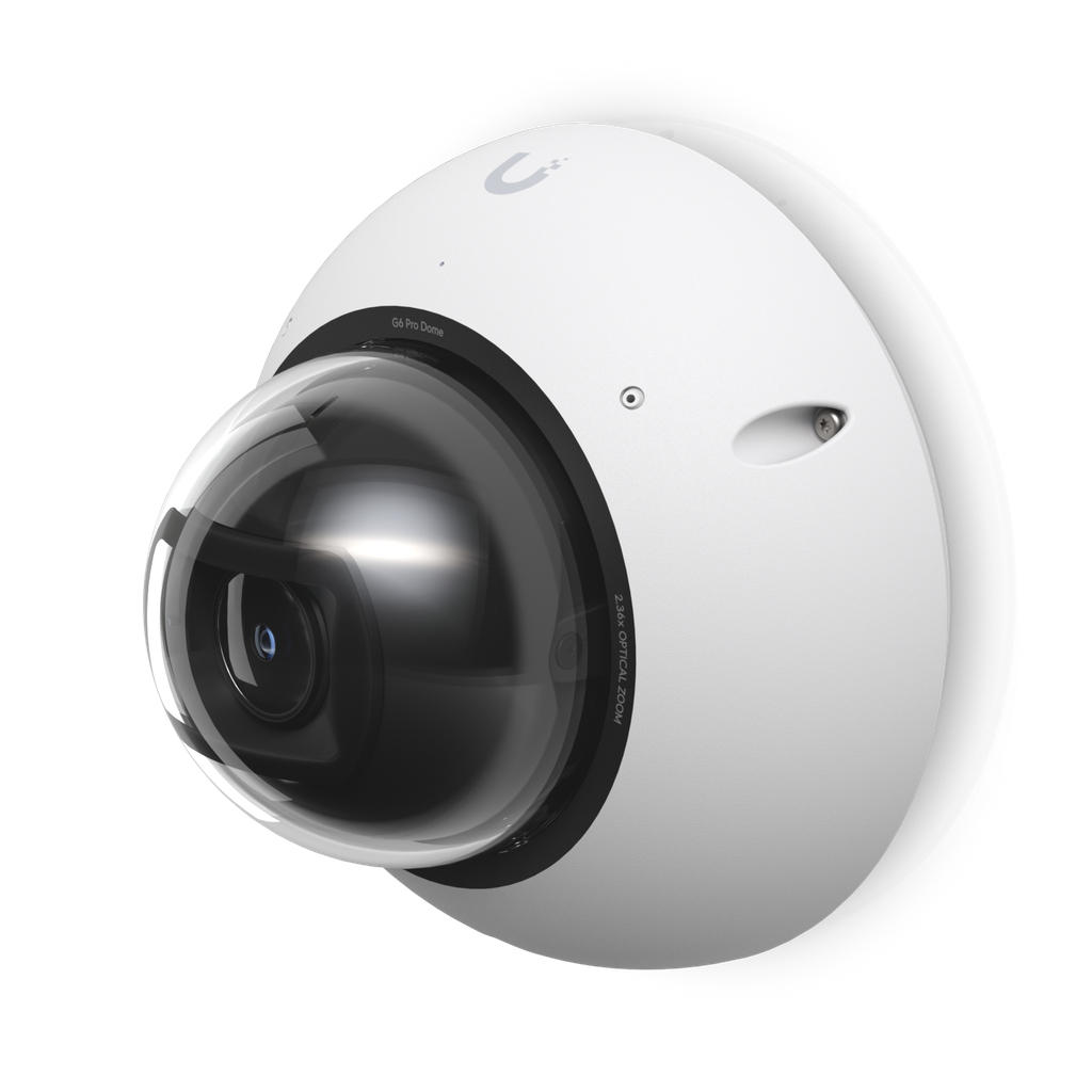Ubiquiti UniFi UVC-G6-Pro-Dome (White) — Indoor/Outdoor 4K 8MP Vandal-Resistant Dome Camera with Large 1/1.2" CMOS Sensor, 2.36× Optical Zoom, Multi-TOPS AI Engine, 40 m IR Night Vision, IP66 + IK10, Built-in Microphone, microSD and PoE+